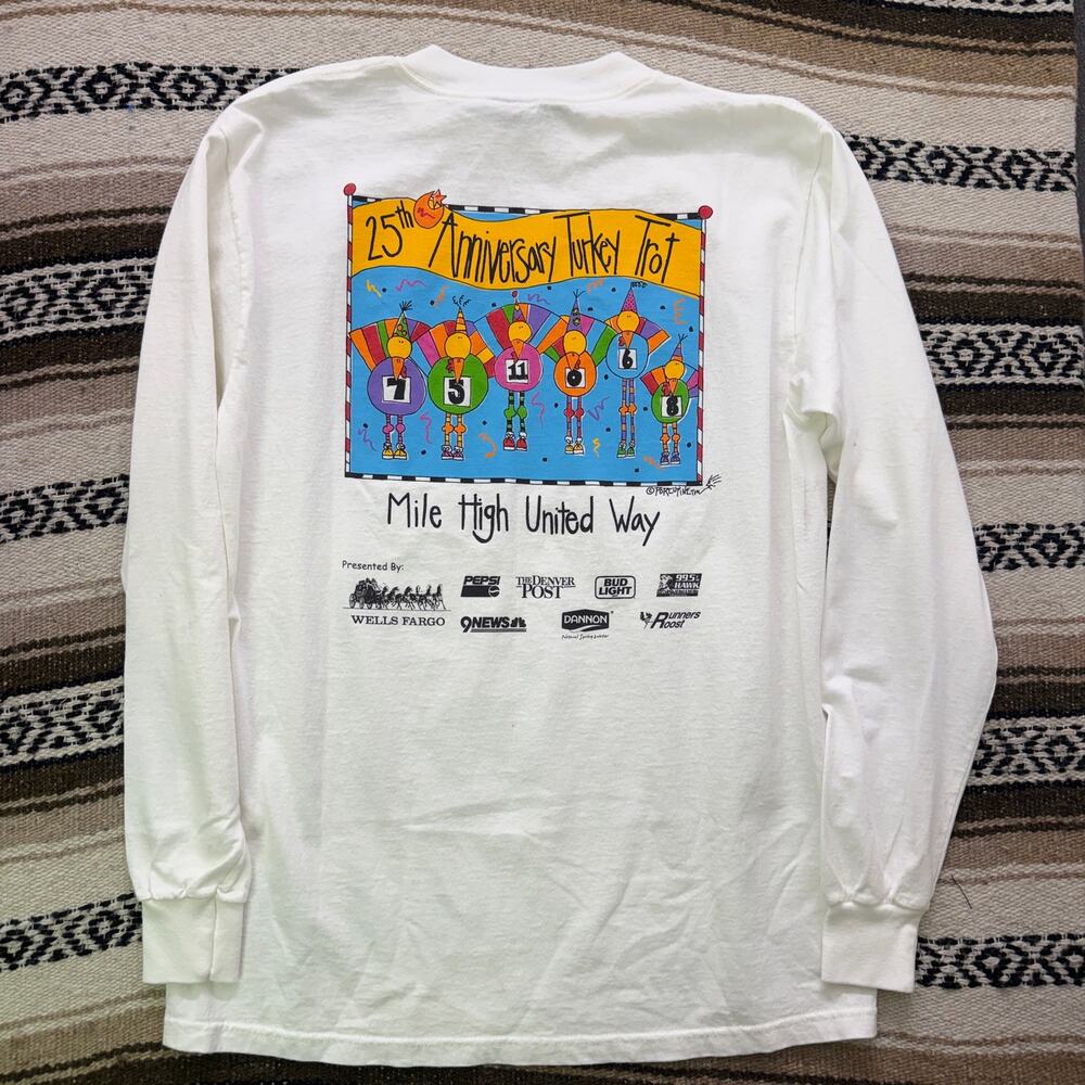 Vintage 90's Mile High United Way Turkey Trot Thanksgiving White Shirt Sz Large